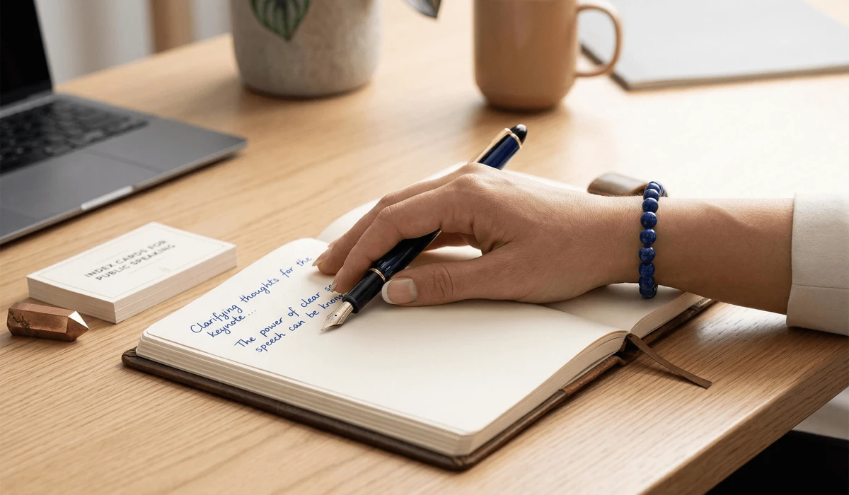 Lapis Lazuli bracelet worn on the right hand for clear communication, mental clarity, and manifesting truth in a professional setting.