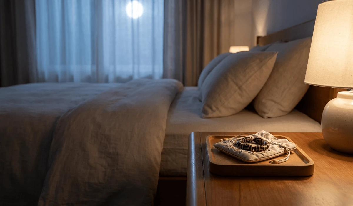 Proper Dzi bead nightstand placement showing the bracelet resting on a wooden tray in a serene nighttime bedroom setting.