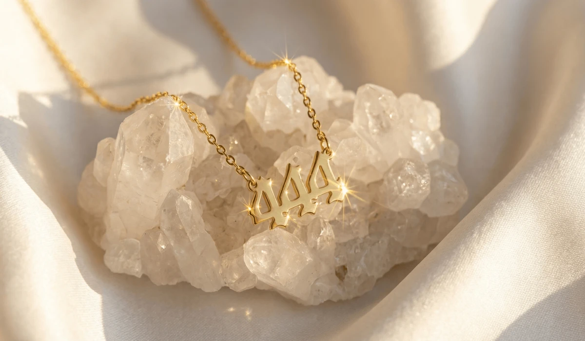 Elegant 444 angel number gold necklace displayed on crystals, representing spiritual protection and manifestation jewelry.