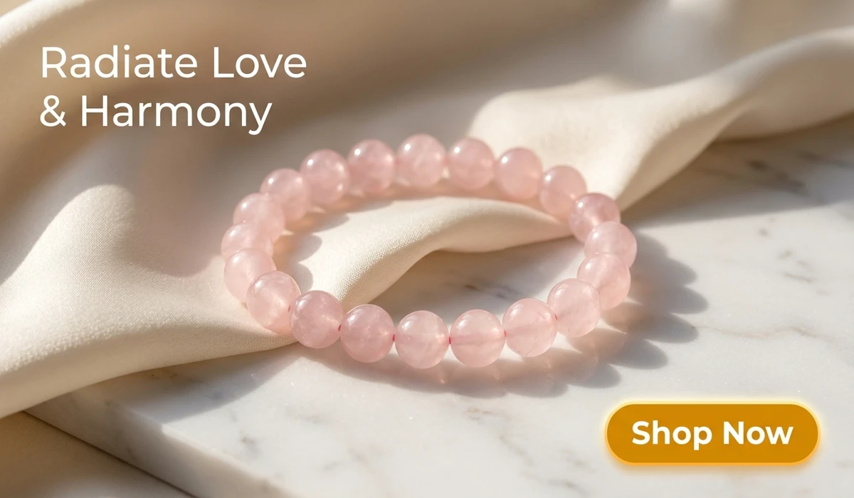 Rose Quartz Beaded Bracelet for love and emotional harmony, high-end jewelry lifestyle blog image with Shop Now button