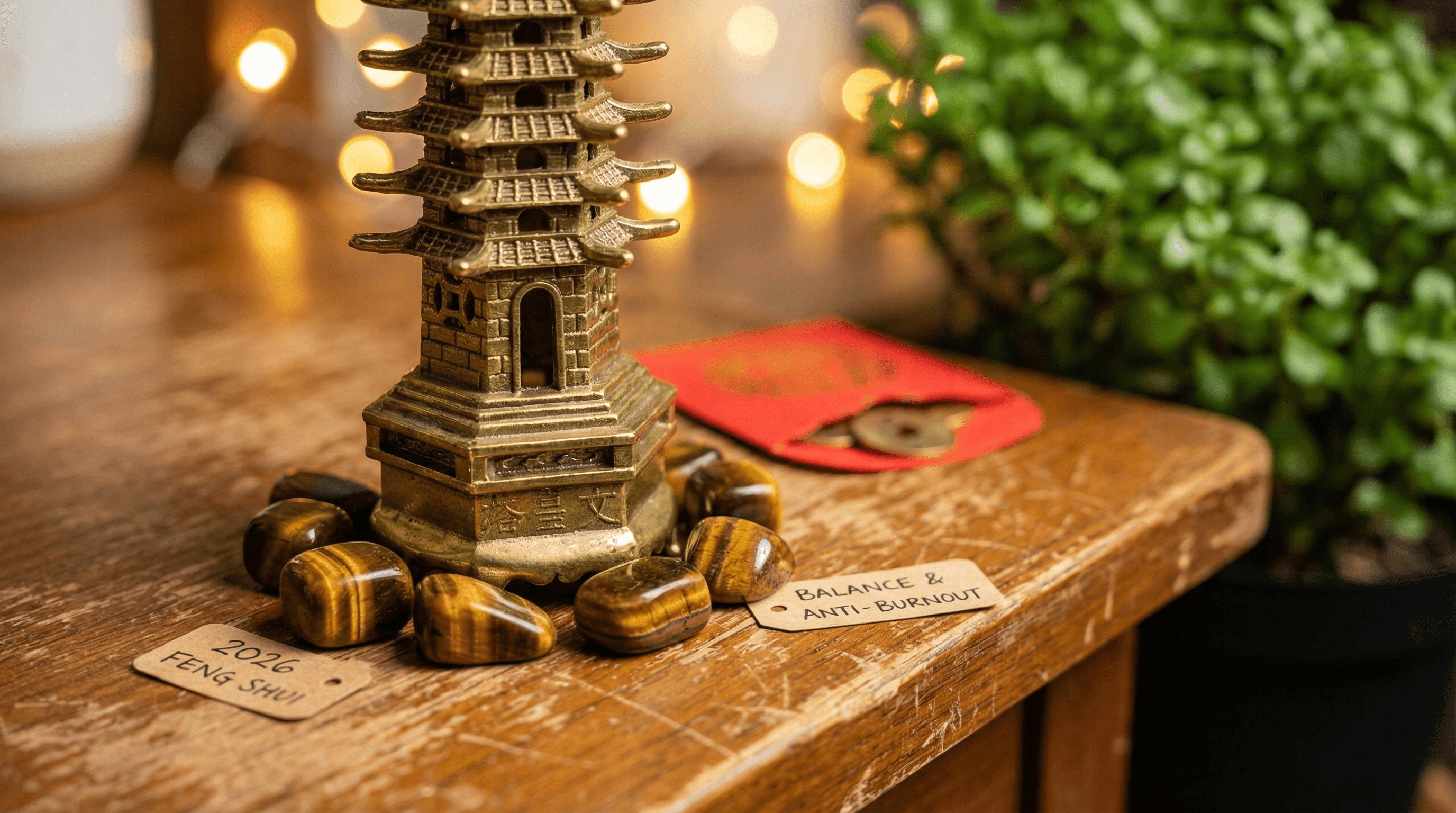 Close-up of a Wen Chang Pagoda and grounding stones used as 2026 Feng Shui cures for office desk success.