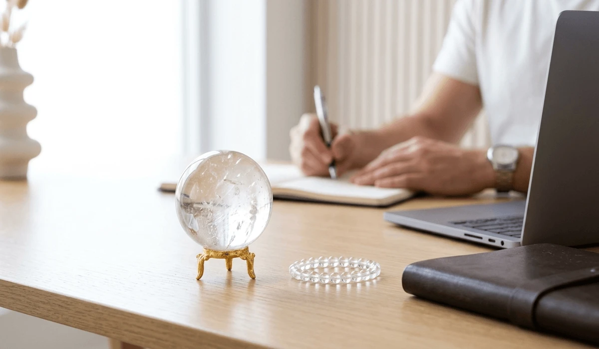 Clear Quartz sphere and jewelry on a professional desk to enhance focus and mental clarity during work.