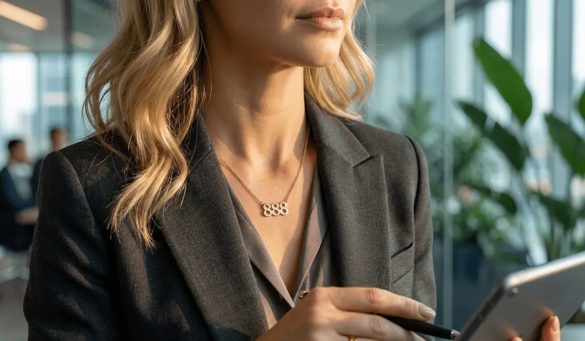 Close-up of a professional woman wearing a gold 888 angel number necklace in a modern office, representing career manifestation and leadership.