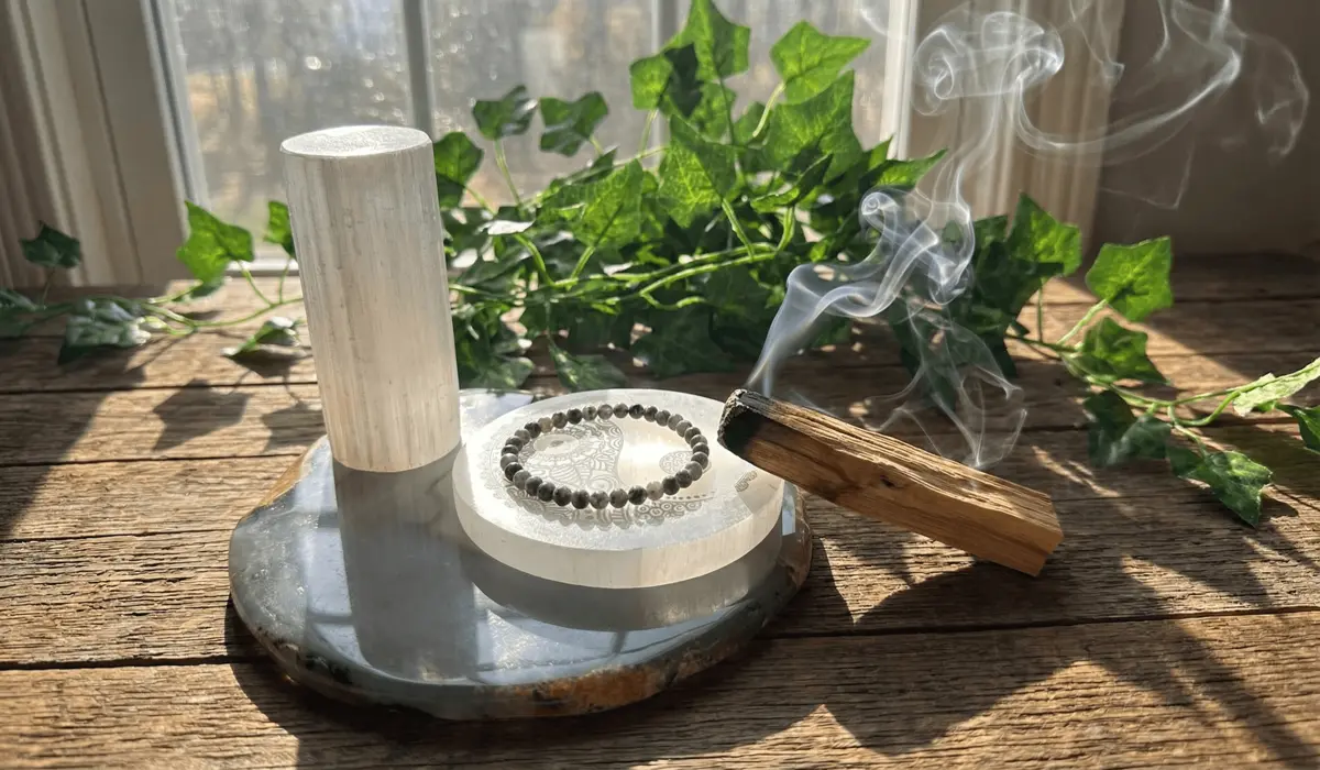 Yin Yang stone bracelet being cleansed with Palo Santo smoke and charged on a Selenite plate for spiritual purification.