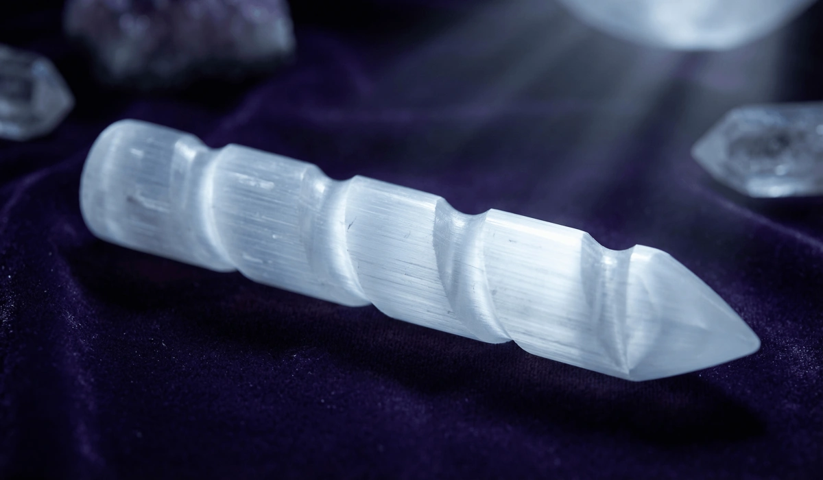 A raw Selenite crystal wand showing its translucent 'liquid light' glow and fibrous texture on a dark background.