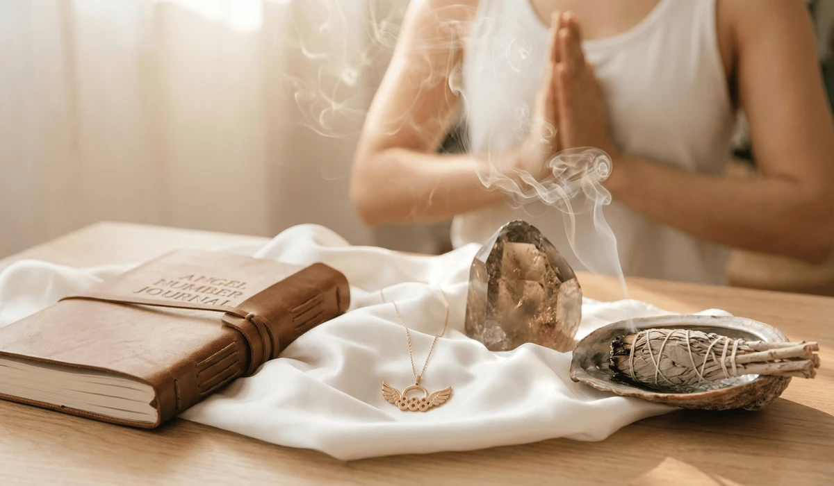 Meditation ritual setup with an angel number necklace and journal for spiritual alignment.