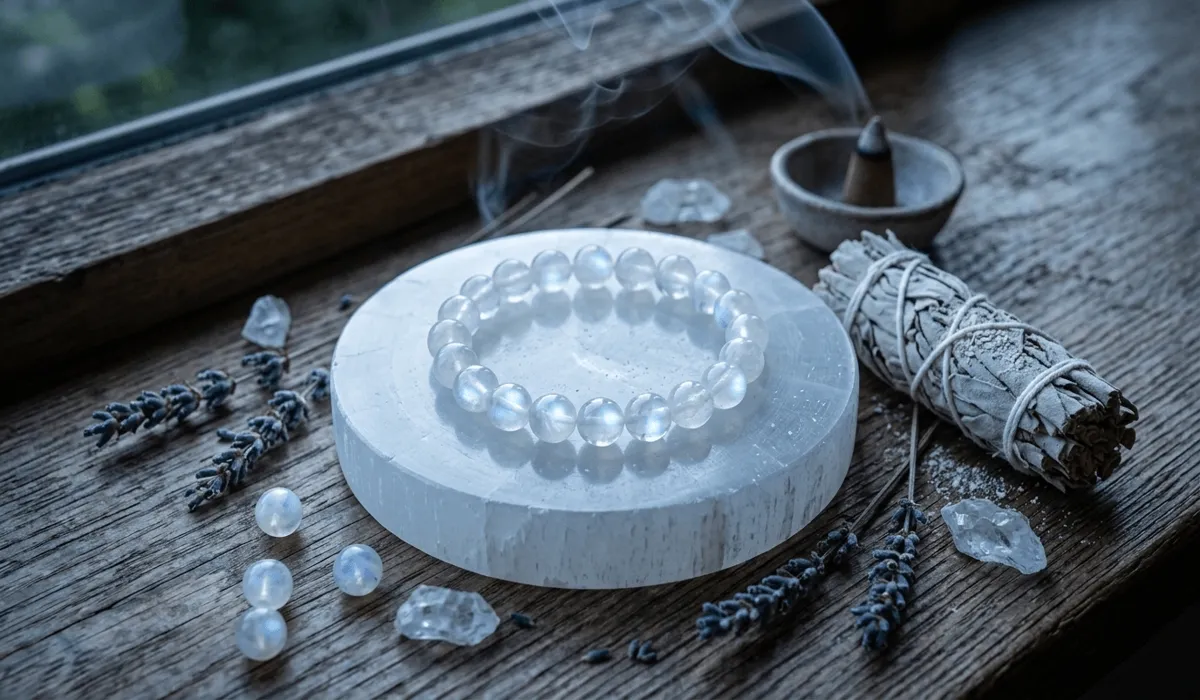 Moonstone bracelet being cleansed on a selenite plate with sage under soft moonlight.