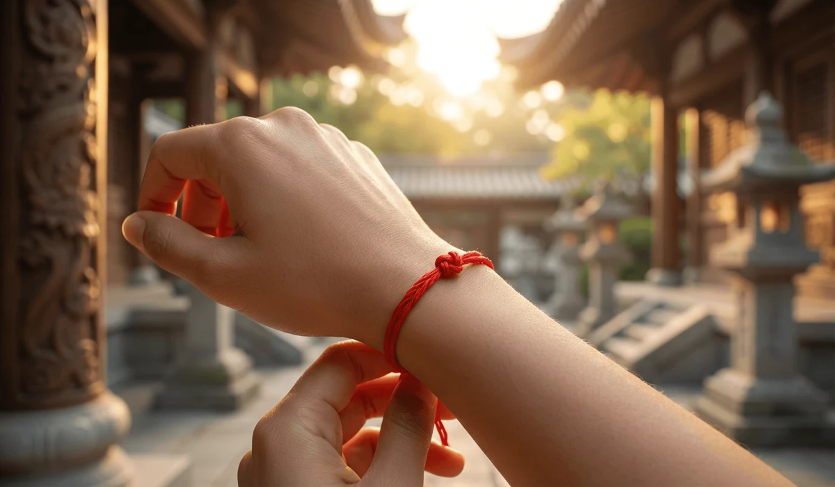 A close-up of a traditional Eastern red string bracelet on a woman's wrist, symbolizing spiritual protection and life force.
