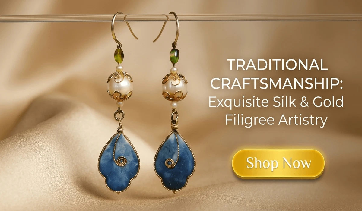 Azure Droplet Mulberry Silk and Filigree Earrings featuring blue silk teardrops and white pearls, styled with a Shop Now button for a luxury jewelry blog.