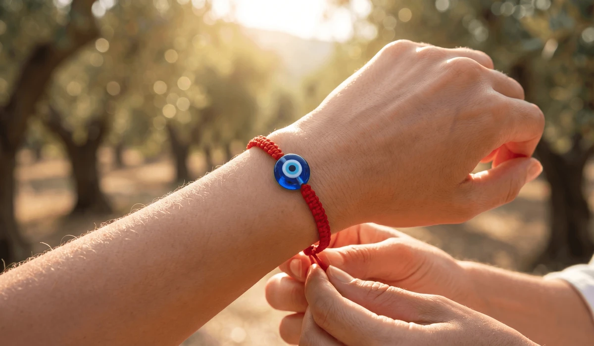 Close-up of a red string evil eye bracelet being tied on a wrist, symbolizing spiritual protection and ancient tradition.