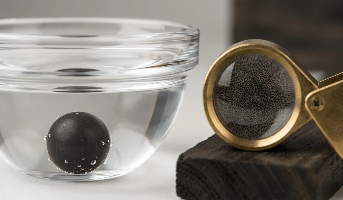 Side-by-side visual demonstration of real ebony wood water sinking test and microscopic grain structure inspection under magnification.