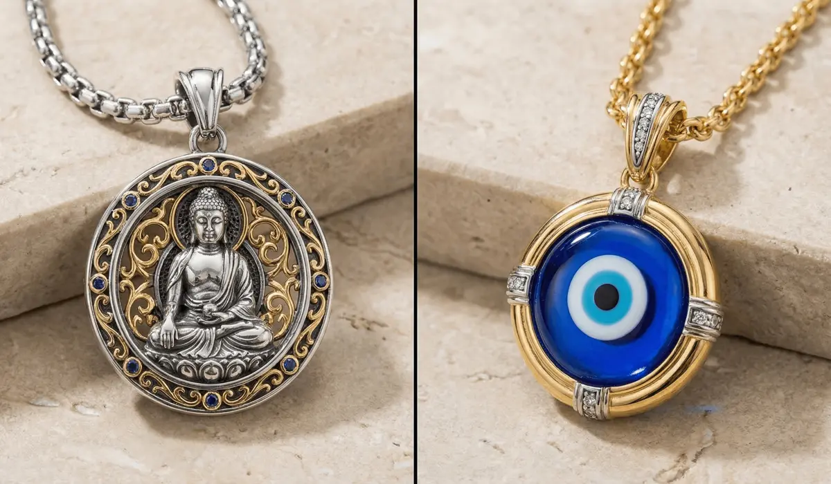 Comparison between a Buddha necklace for inner peace and an Evil Eye pendant for external protection.