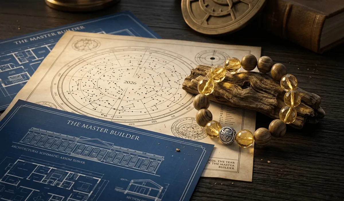 2026 zodiac gemstone bracelet with Lemon Quartz and Petrified Wood on an astrological chart, symbolizing the Master Builder theme.