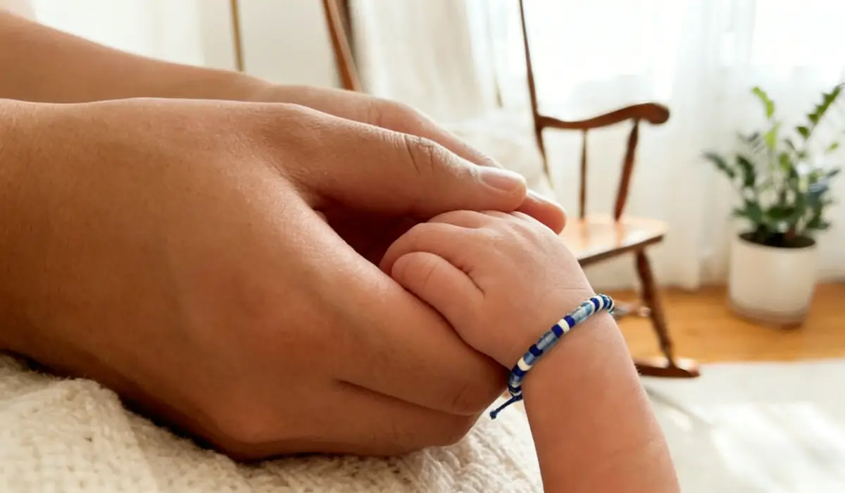 Close-up of an adult's hand gently holding a baby's hand, with the baby wearing a blue and white Evil Eye string bracelet on a sunlit indoor background.