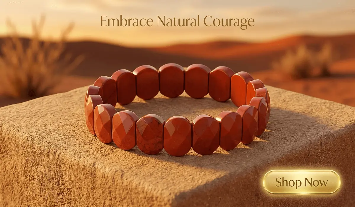 Red Jasper Flat Beaded Bracelet on a stone pedestal with a 'Shop Now' button and motivational text.