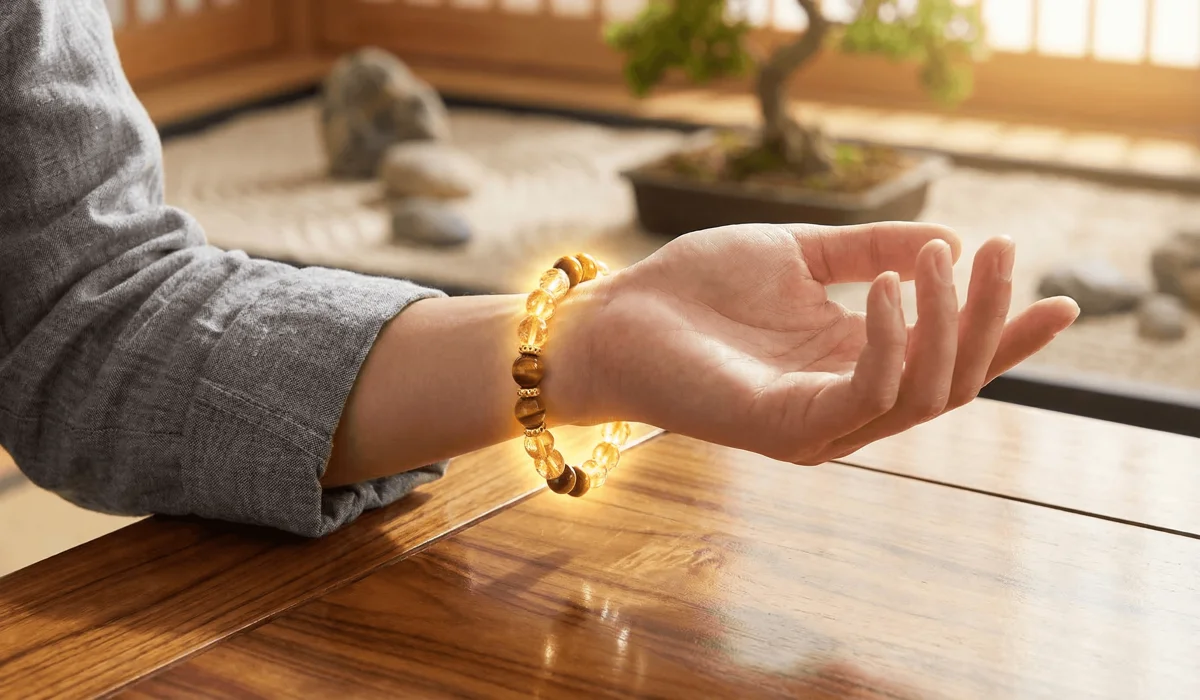 A person wearing a Feng Shui prosperity bracelet on the left hand to attract wealth and positive energy.