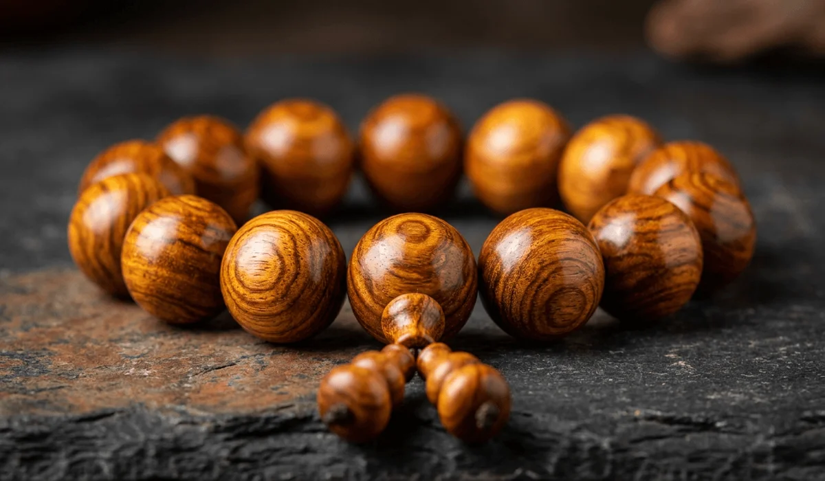 Close-up of authentic Hainan Huanghuali wood bracelet showing ghost face grain pattern and golden amber luster.