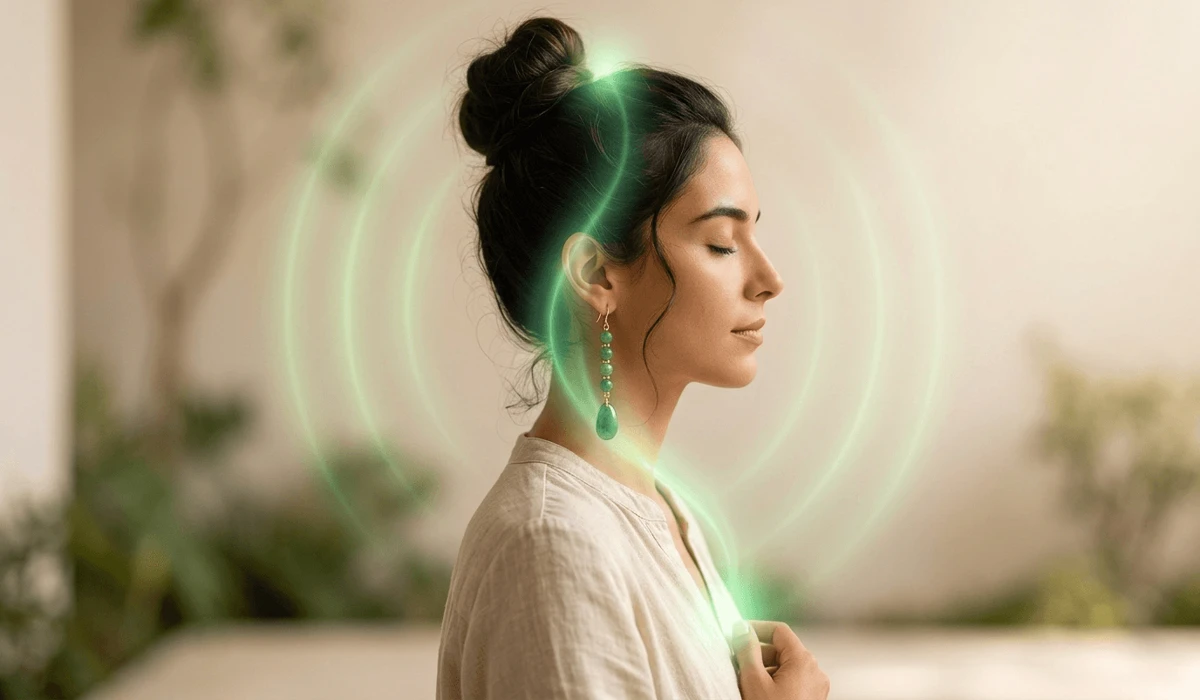 Serene woman wearing green jade drop earrings with a gentle glowing green light symbolizing heart chakra alignment and spiritual tranquility.