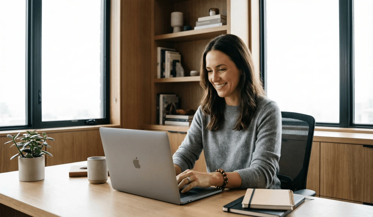 A professional wearing a Tiger's Eye bracelet for enhanced mental clarity and focus during work.