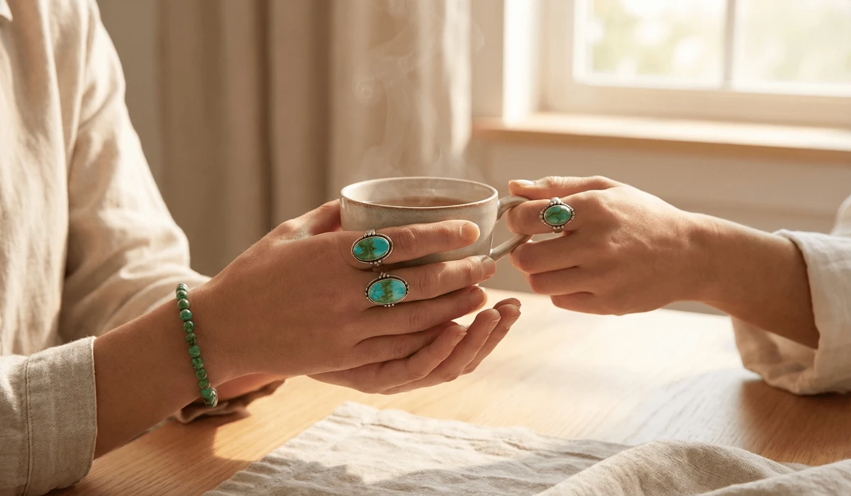 Aesthetic lifestyle shot of a woman wearing Turquoise jewelry to promote tranquility and mindfulness.