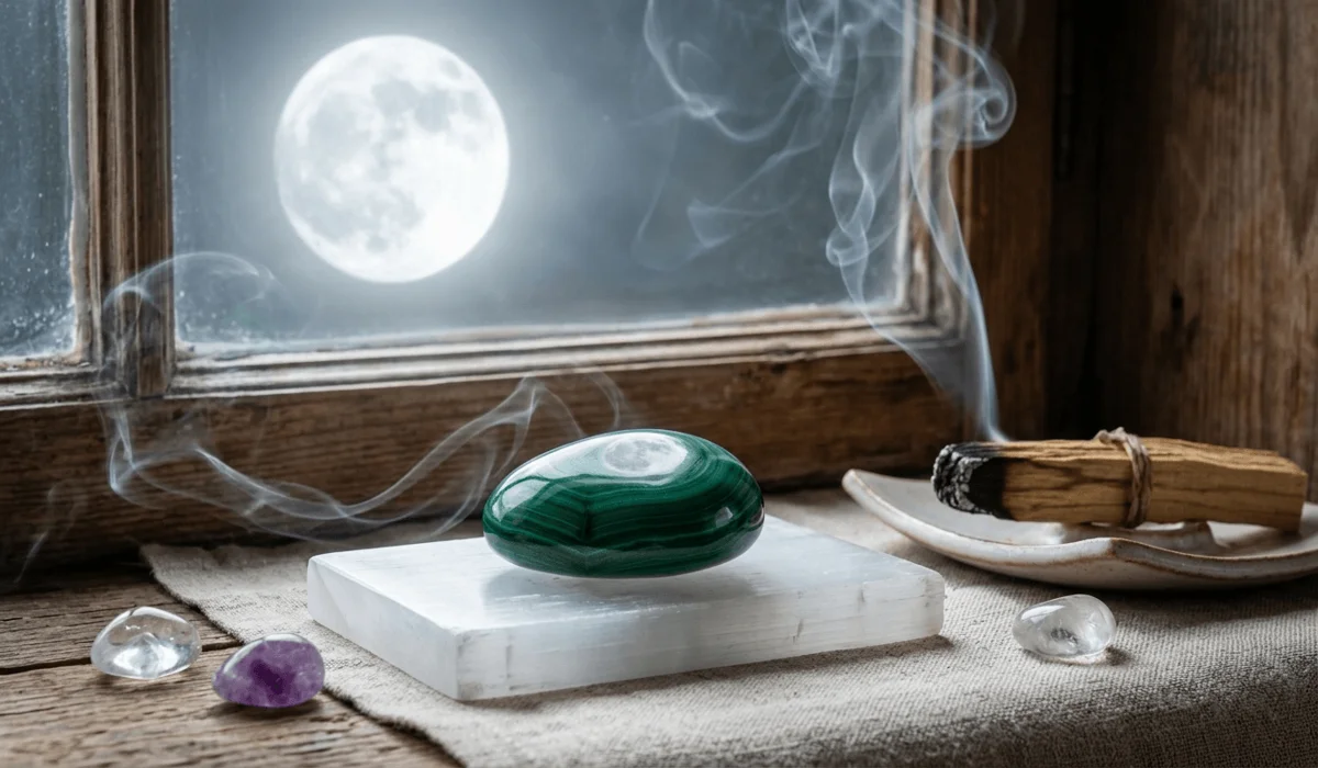 Malachite crystal being cleansed with sacred smoke and charged on a Selenite plate under moonlight.