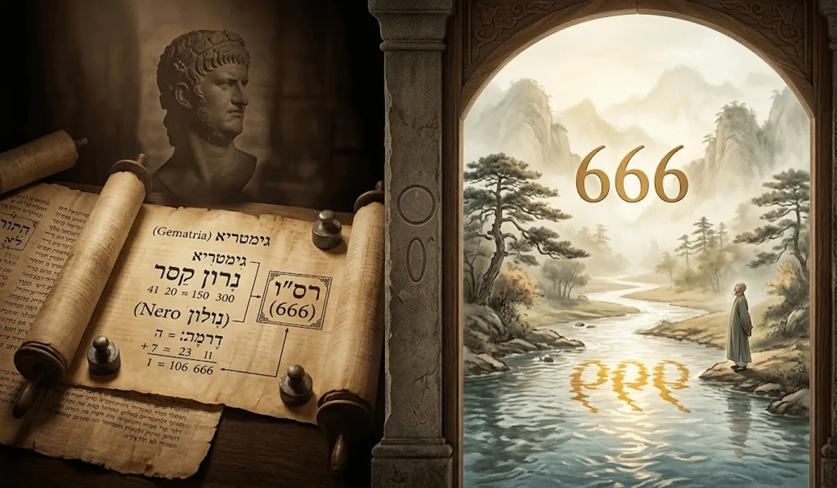 Historical comparison of 666 showing ancient Hebrew gematria scrolls and a peaceful Taoist river scene representing smooth flow.