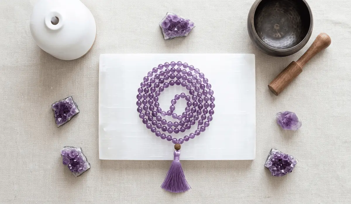 A ritual setup for cleansing amethyst mala beads using a selenite plate and a singing bowl to maintain gemstone energy.