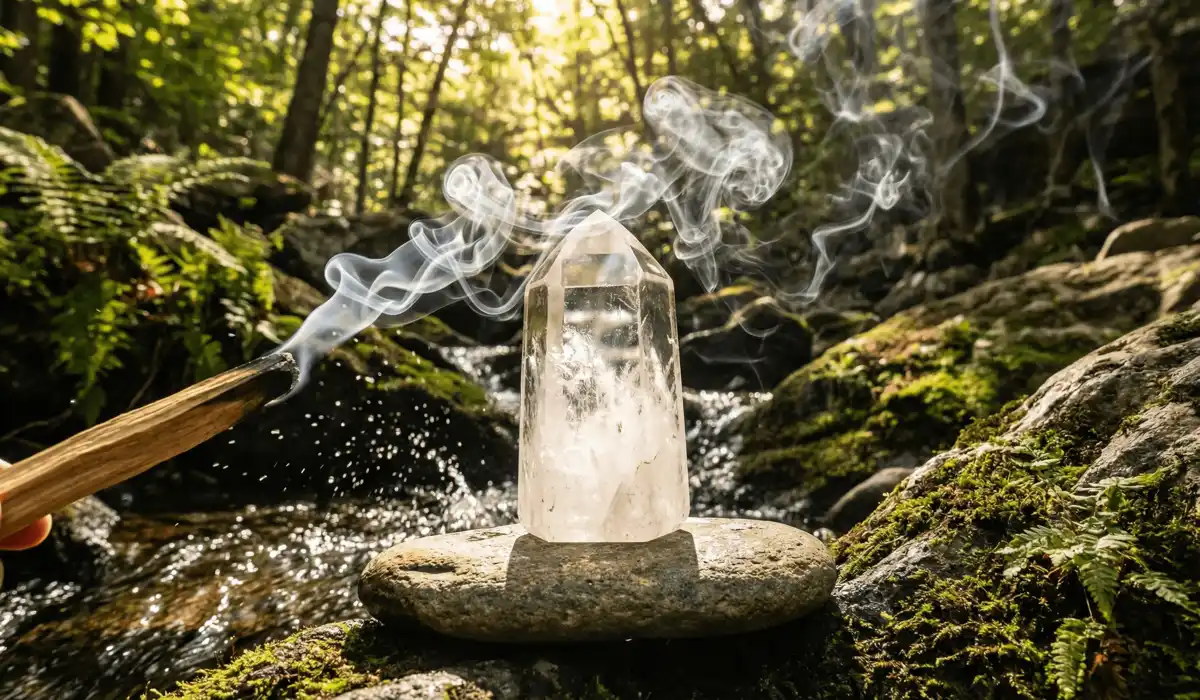 Cleansing and charging a clear quartz tower with natural running water and palo santo smoke in nature.