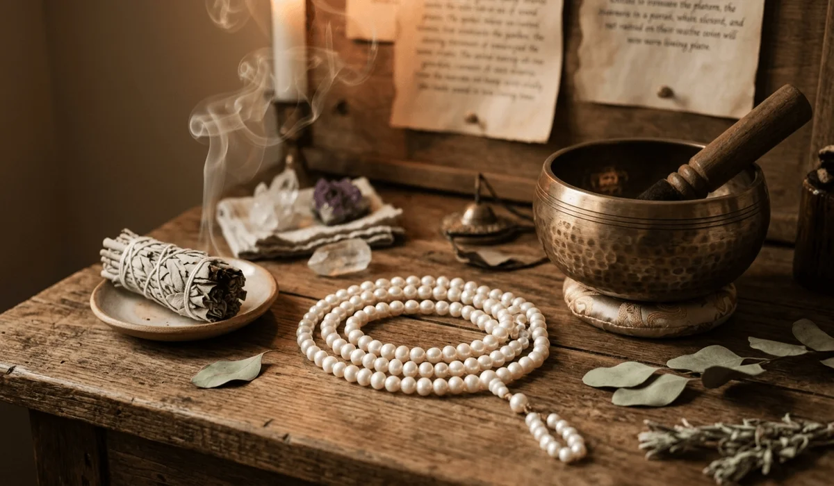 Pearl mala beads being cleansed with sage smoke and a singing bowl to refresh their energy frequency.