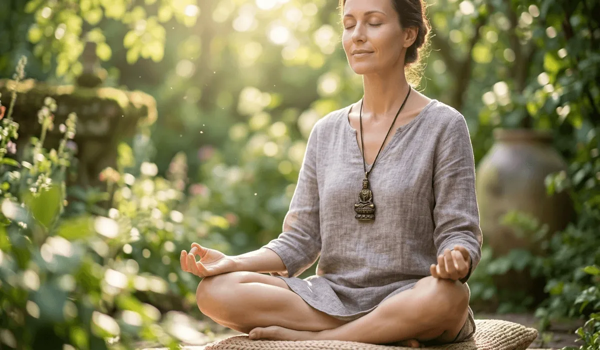 A woman meditating while wearing a Buddha pendant at the correct height to show cultural respect and mindfulness.