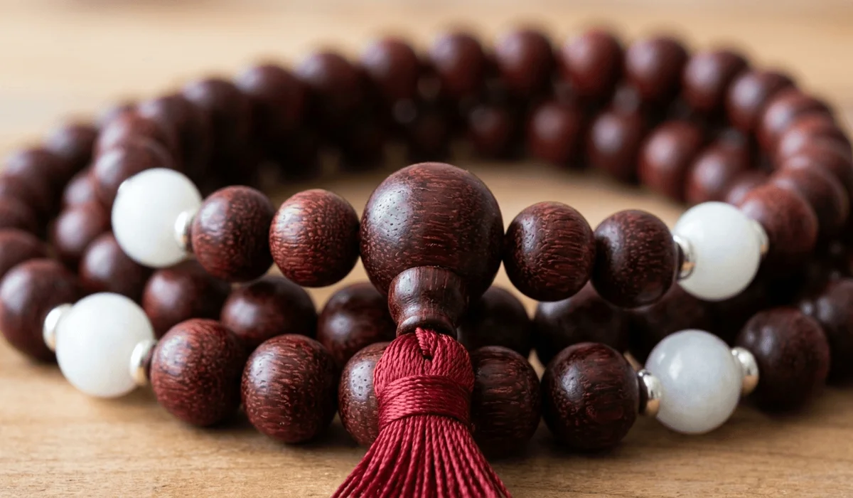 Close-up of high-quality 108 Small Leaf Red Sandalwood mala beads showing wood grain and red tassel.
