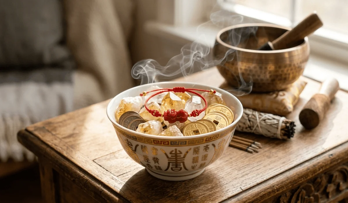 A cleansing ritual for a Pixiu belly chain using a wealth bowl, Citrine crystals, and sage smoke to charge its energy.