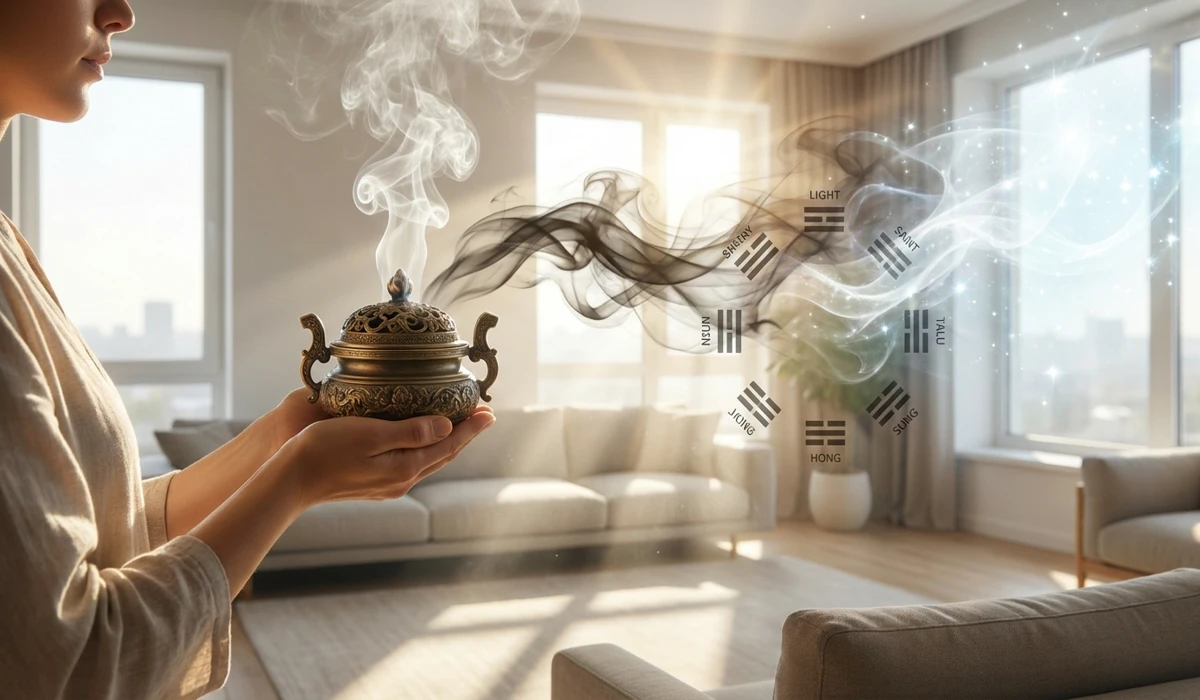 A practitioner using a bronze censer to clear stagnant energy from a home's corner during a Taoist ritual.