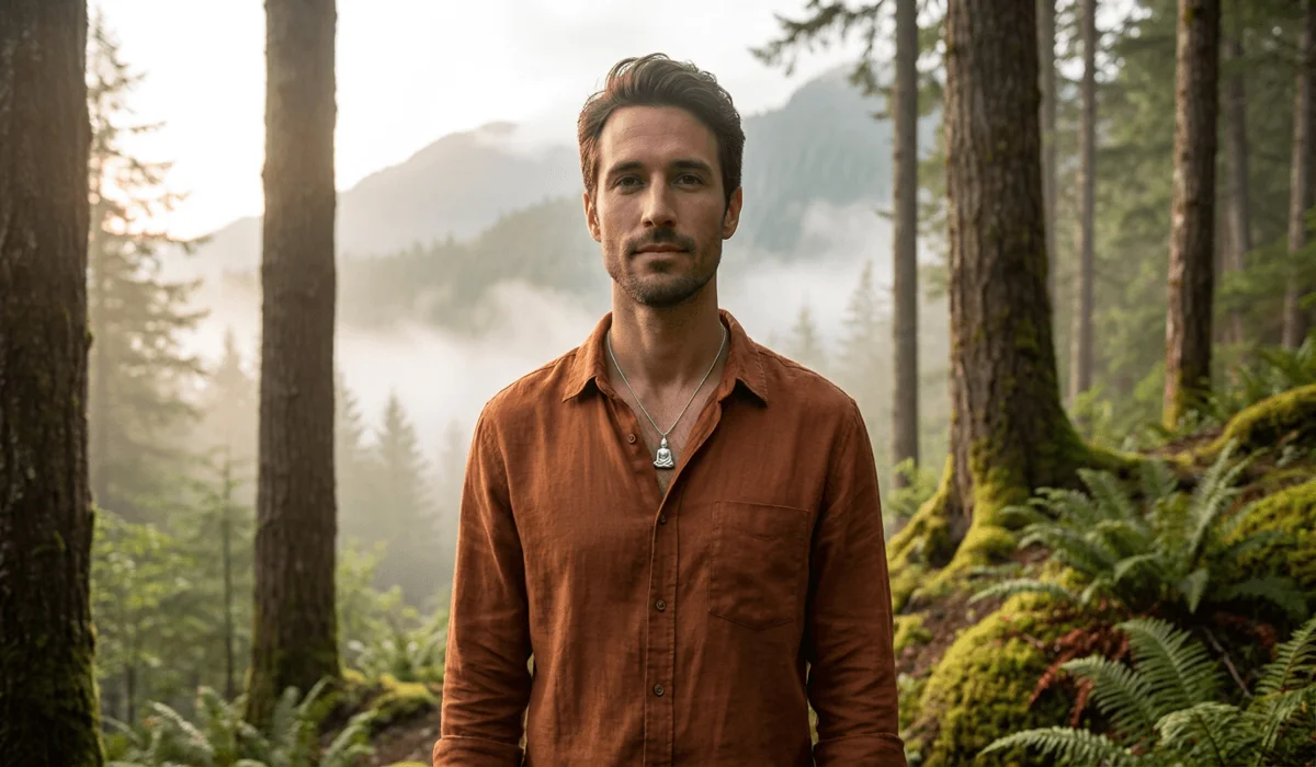 A modern man wearing a Buddha necklace elevated on his chest during a quiet moment of mindfulness in nature.