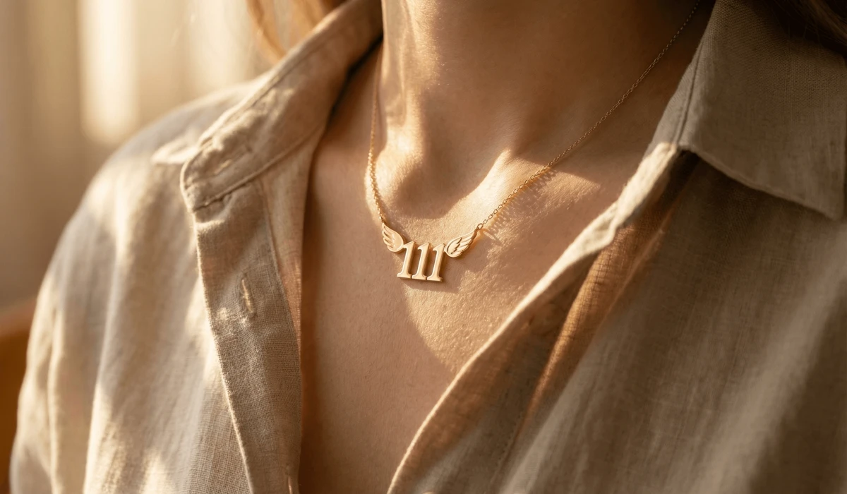 Dainty gold 111 angel number necklace representing new beginnings and spiritual alignment.