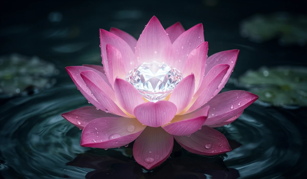 A symbolic visual of a glowing jewel inside a pink lotus flower, illustrating the deep philosophical meaning of Om Mani Padme Hum.
