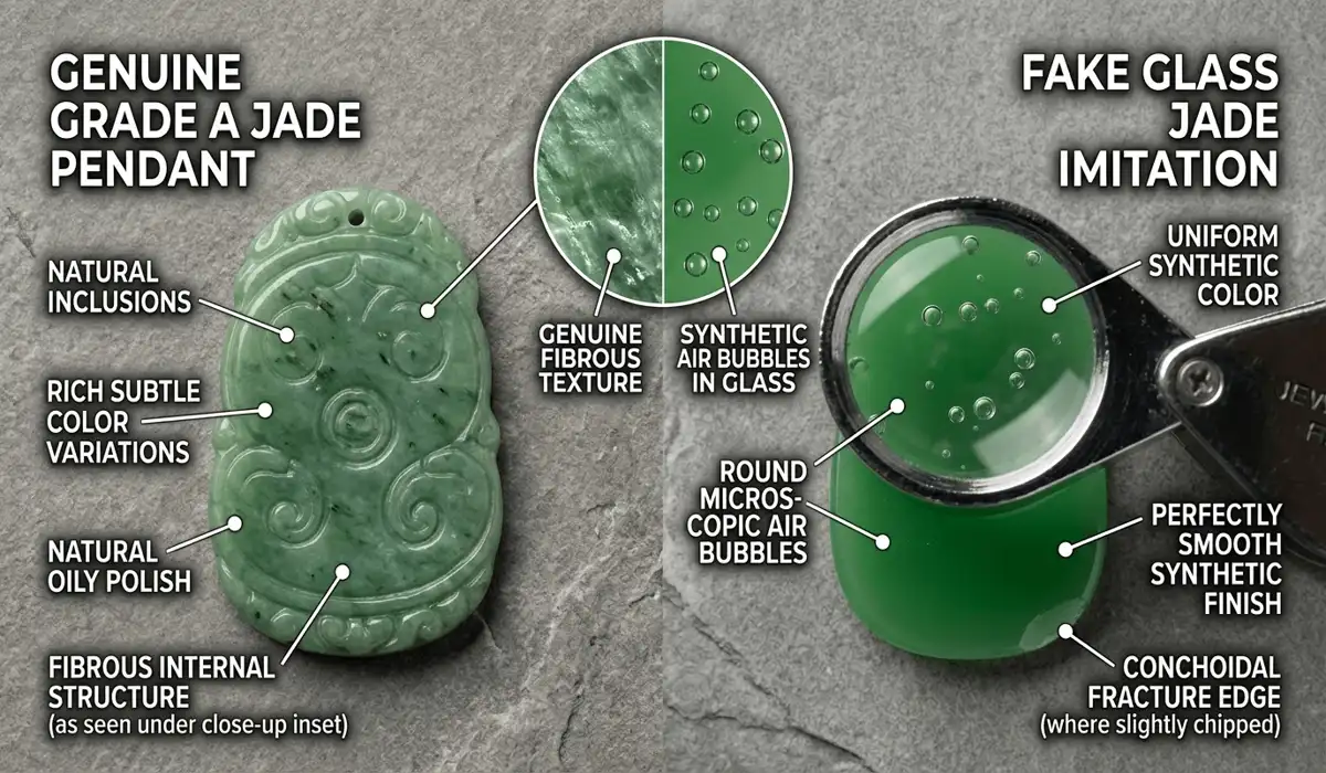 Side-by-side comparison highlighting differences between authentic Grade A jade and fake glass jade imitation