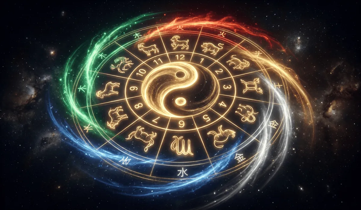 An artistic visualization of the BaZi chart wheel featuring the 12 Chinese zodiac signs and five elemental energies floating in deep space.