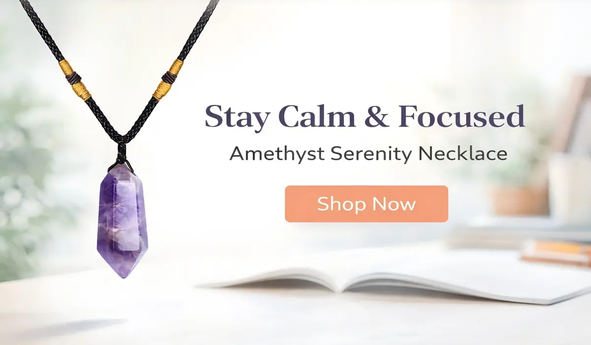 Amethyst Serenity Necklace promoting calm energy, focus, and mental clarity for study and daily balance.