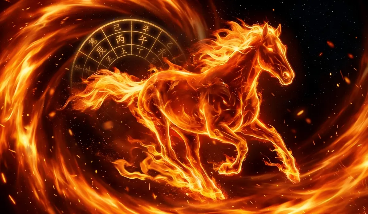 2026 Bing Wu Fire Horse surrounded by flames symbolizing strong Yang Fire energy