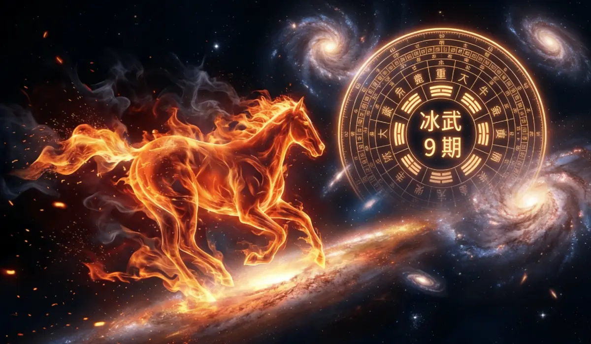 A fiery horse galloping through the cosmos symbolizes the 2026 Fire Horse year, Tai Sui energy, rapid change, and high momentum in Chinese astrology.