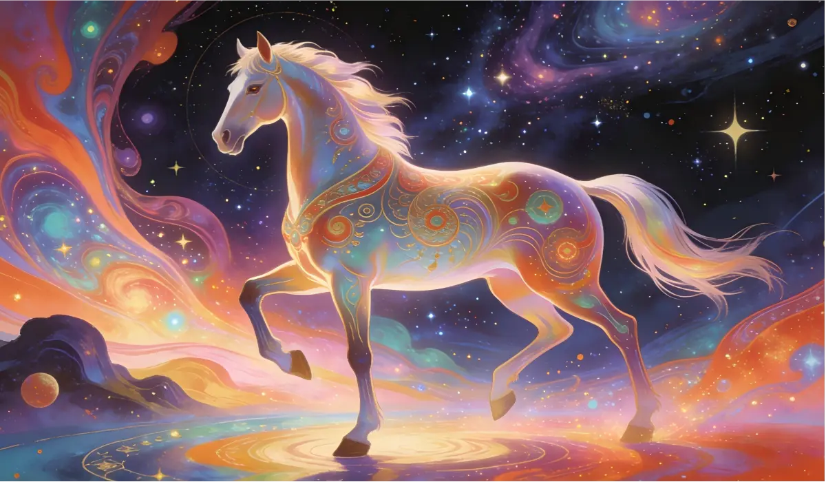 A luminous Fire Horse representing the Chinese Zodiac, symbolizing Yang energy, independence, leadership, and vitality for the Year of the Fire Horse 2026.