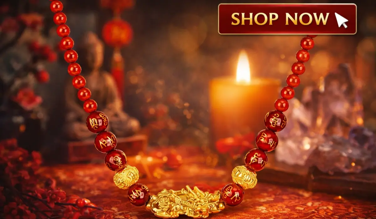 Aura&Luck red bead Pi Yao necklace for 2026 Ben Ming Nian, inspired by Tai Sui energy, designed for protection, balance, and spiritual harmony.