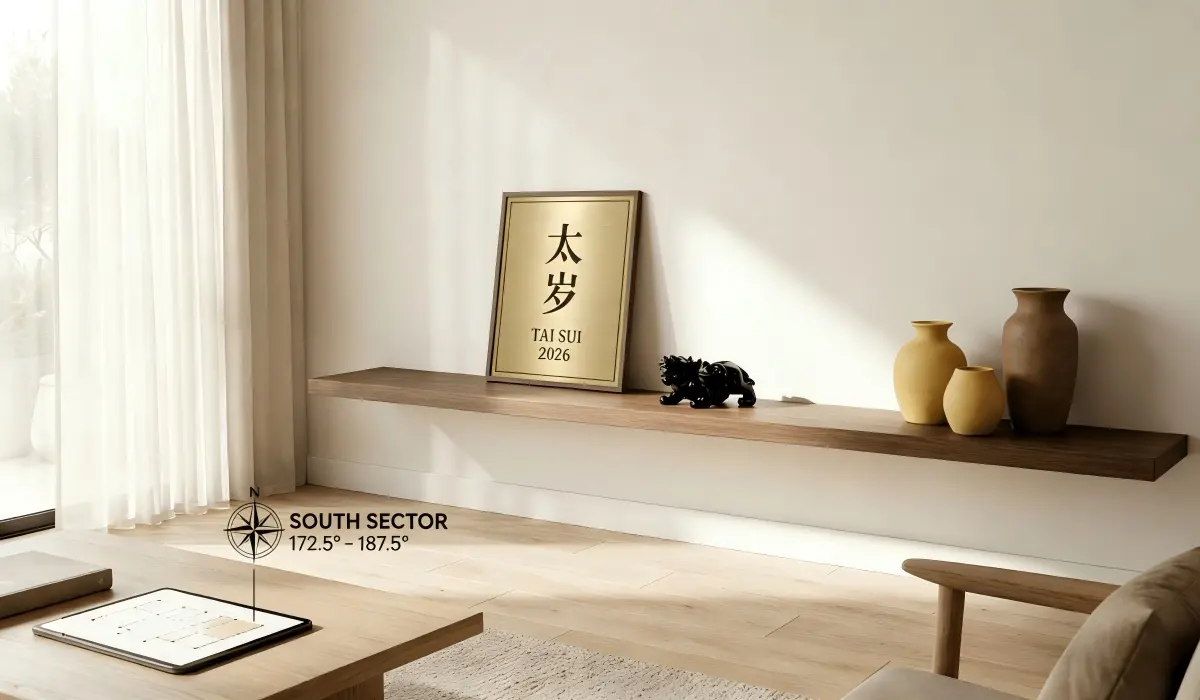 2026 Tai Sui South sector feng shui setup with Tai Sui card and calm minimalist interior
