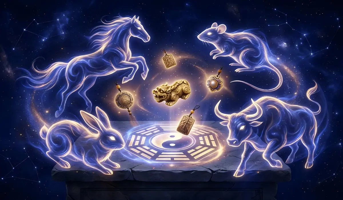 2026 Tai Sui zodiac illustration with Fire Horse, Rat, Rabbit and Ox around Bagua and protection amulets