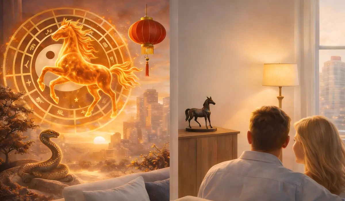 Mystical illustration of the 2026 Year of the Fire Horse with yin yang and feng shui symbols.