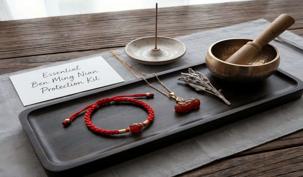 Traditional Ben Ming Nian protection kit with red string bracelet and Pixiu necklace