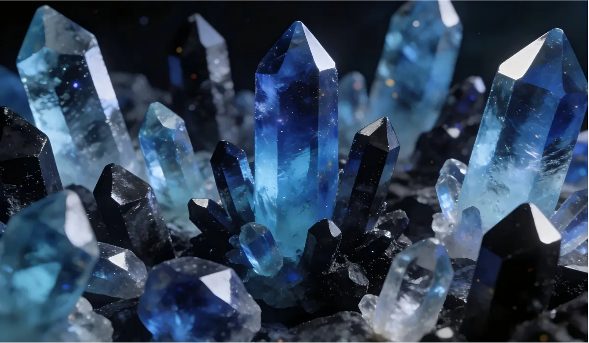 A close-up illustration of black obsidian and blue lace agate crystals, symbolizing Water energy Feng Shui remedies for balancing Fire Horse Bing Wu energy in 2026, used to absorb excess heat, enhance protection, and promote calm communication.