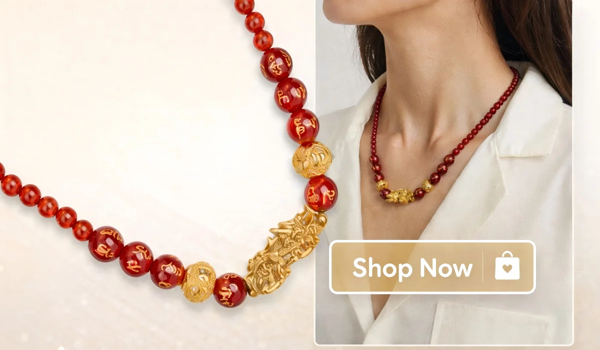 Red agate Pixiu necklace designed to enhance courage and wealth luck during the 2026 Fire Horse year.