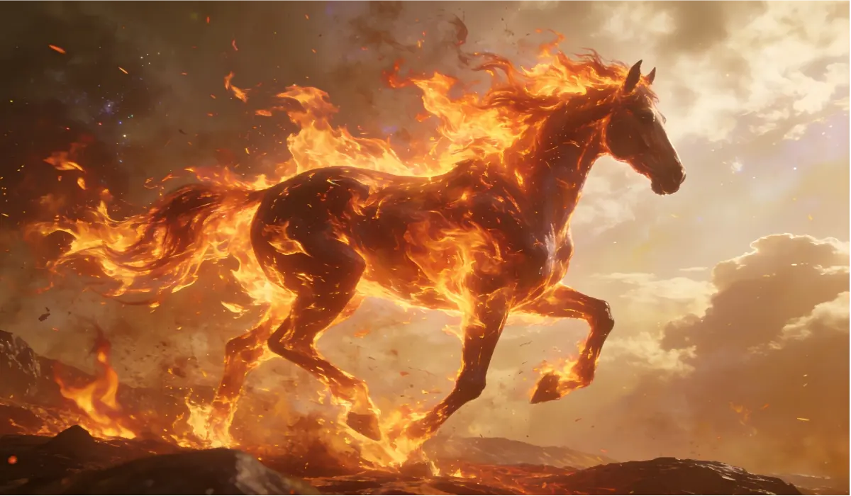 A fiery Horse running through cosmic light, representing the powerful Yang Fire energy of the 2026 Chinese Zodiac.